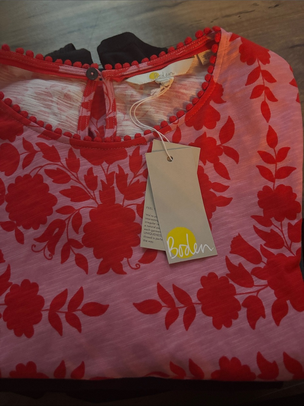 Boden Pink Twith Red Floral Print and Pom Trim - Picture 6 of 6
